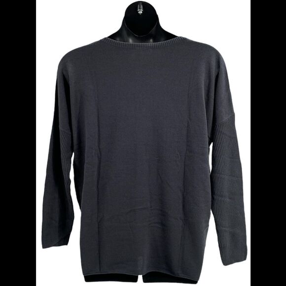 Denim & Co. V-Neck Drop Shoulder Long-Sleeve Tunic Charcoal Gray - Petite - Picture 2 of 3